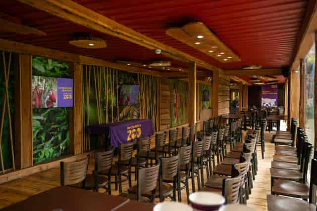 Tiger Venue at Hertfordshire Zoo: rustic décor, vibrant greenery for events and meetings.