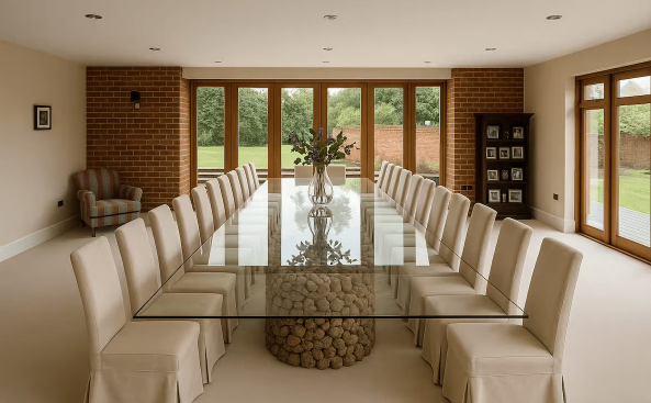 Modern meeting room with glass table, perfect for small gatherings and strategic discussions.