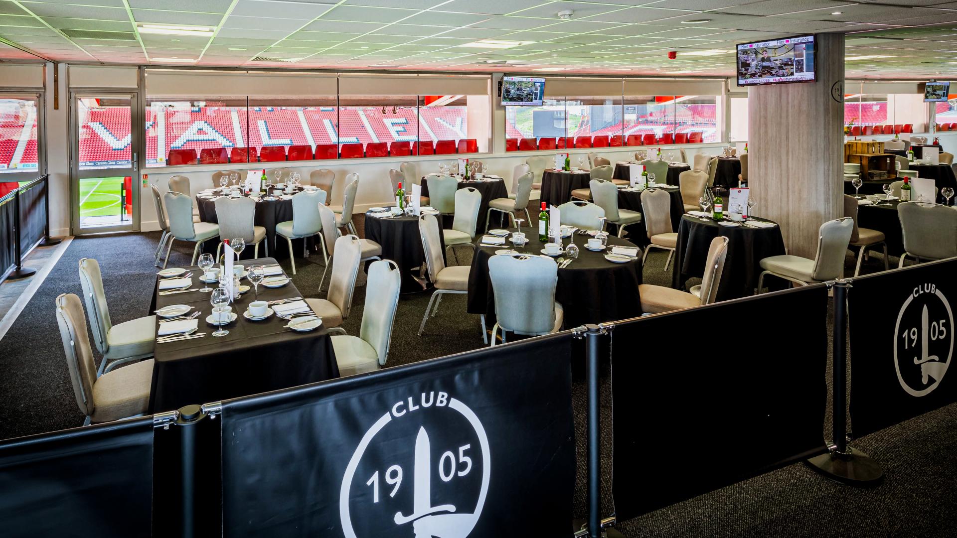 Club 1905 Lounge at Charlton Athletic, elegant dining for corporate events and celebrations.