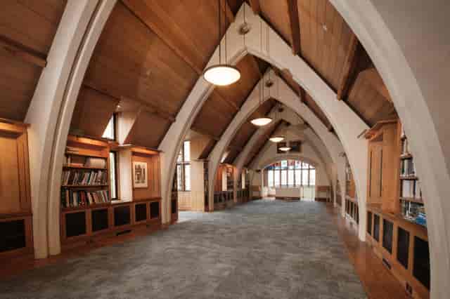 Elegant event space in Garry Weston Library with high ceilings, perfect for workshops.