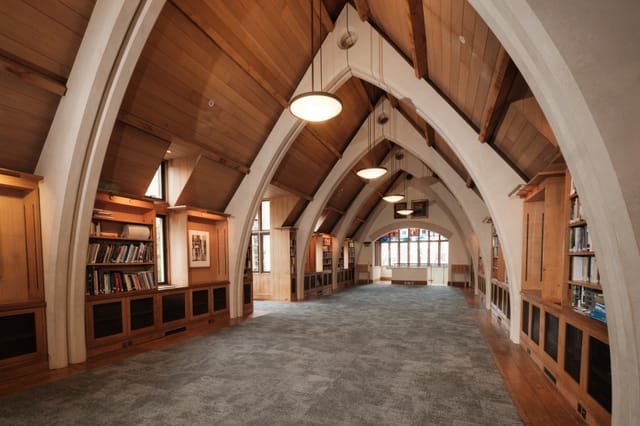 Elegant event space in Garry Weston Library with high ceilings, perfect for workshops.