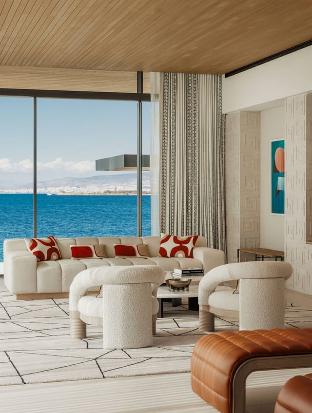 Chic modern lounge with ocean view at One&Only Aesthesis for networking events.