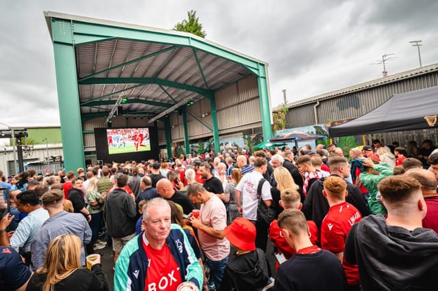 Outdoor event space at The Big Shed, Ye Olde Trip to Jerusalem, for sporting event screening.