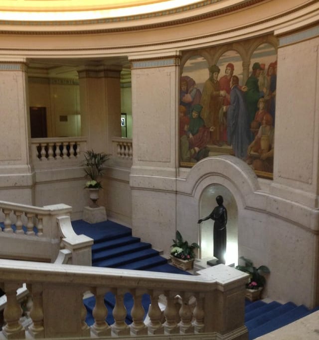 Elegant Nottingham Playhouse venue with grand staircase, ideal for upscale events and receptions.
