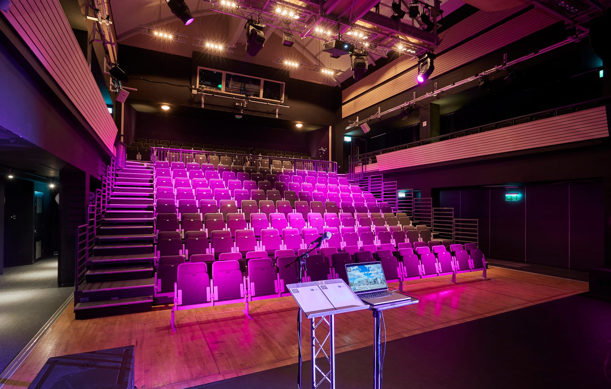 Djanogly Theatre auditorium with tiered seating, perfect for events and presentations.
