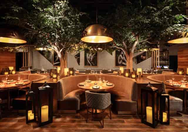 Elegant dining space with lush greenery for intimate networking dinners and events.