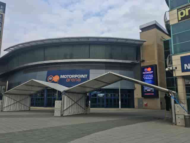National Ice Centre exterior, spacious entrance; ideal for events and meetings in Nottingham.