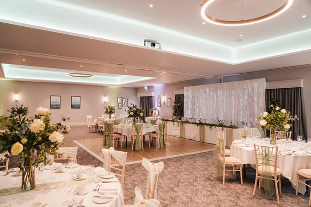 Lawrence Suite banquet hall with dance floor for weddings and corporate events.