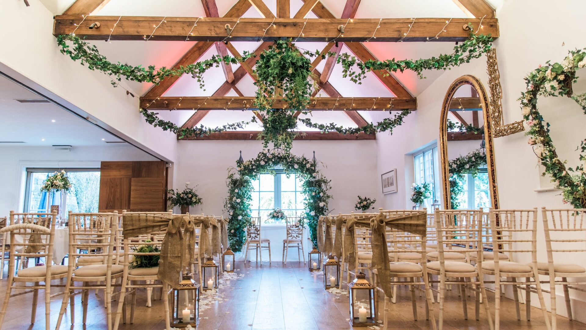 Montrose Suite at Cotswold House Hotel, ideal wedding venue with rustic beams and elegance.