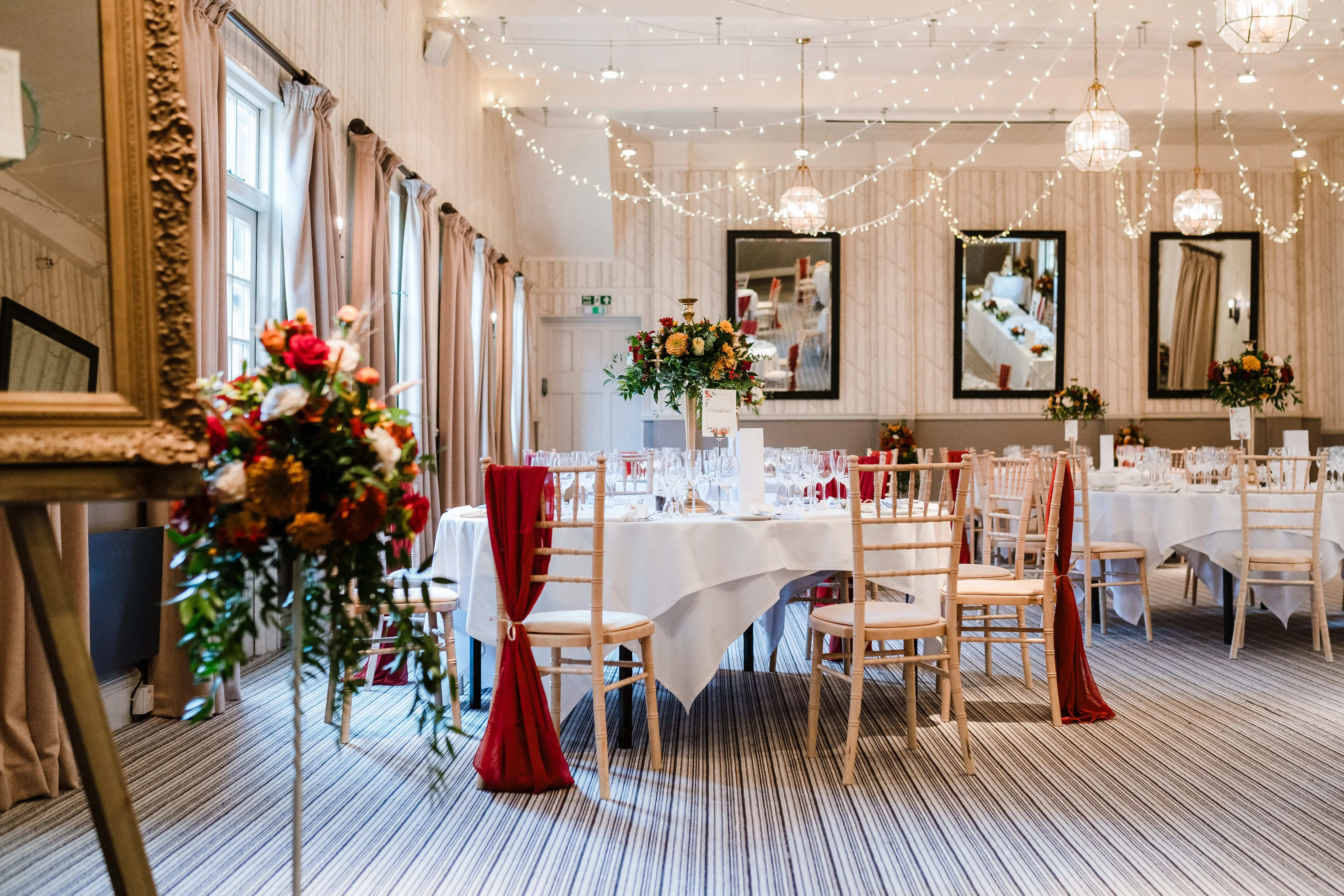 Elegant banquet room with floral centerpieces for weddings and upscale events. - Banner