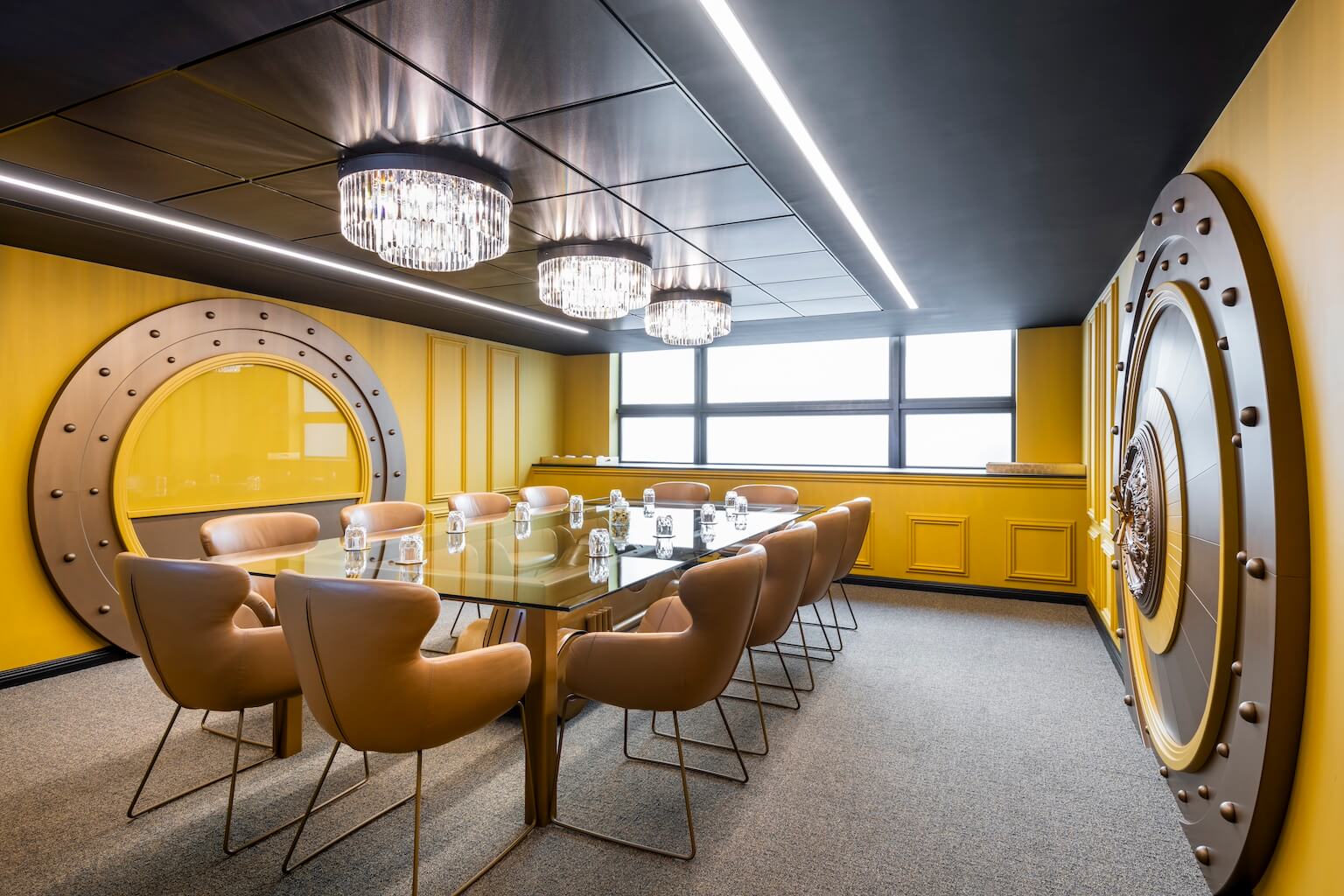 Modern conference room with yellow walls for executive meetings and brainstorming sessions. - Banner