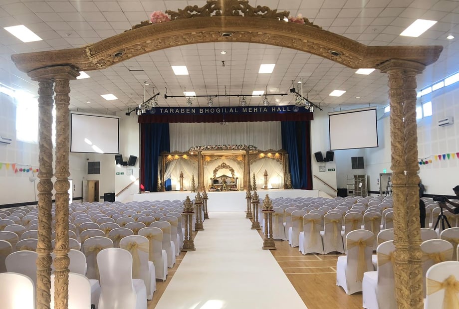 Dining Hall at Navnat Centre with elegant decor, ideal for weddings and corporate events.