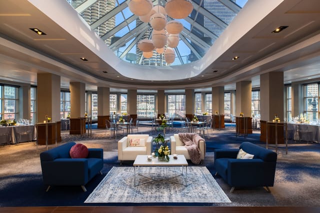Looking Glass Ballroom with skylight for corporate receptions and upscale networking events.