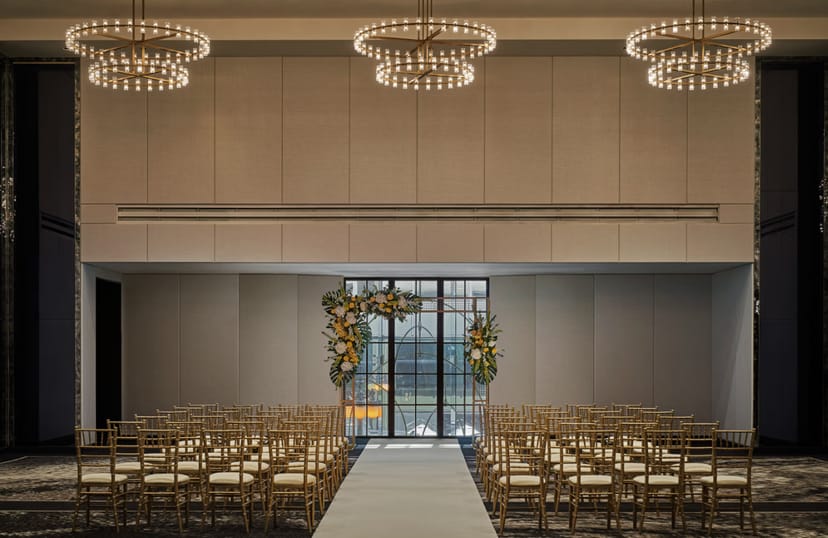 Grand Ballroom at The Pendry Chicago, gold chiavari chairs for wedding ceremony.