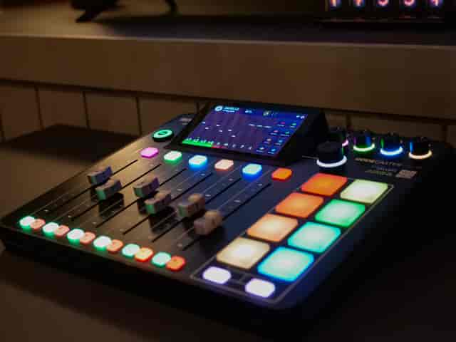 High-tech audio mixer with LED indicators in Colony Jactin House podcast room setup.