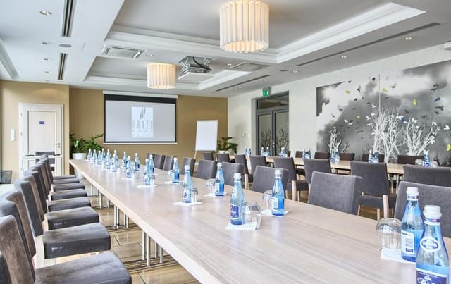Boardroom meeting at Hanza Pałac: long-table setup in Park Room for corporate events and workshops.