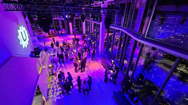 Sky-high reception, city view, product launch, networking event