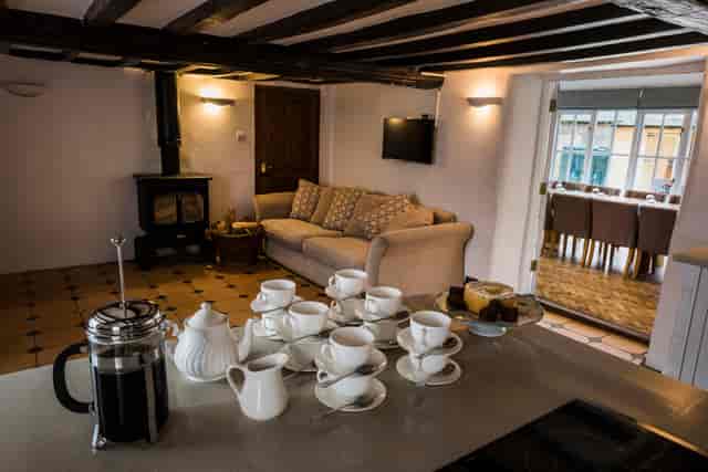 Farmhouse Boardroom fireplace, executive retreat, client hospitality