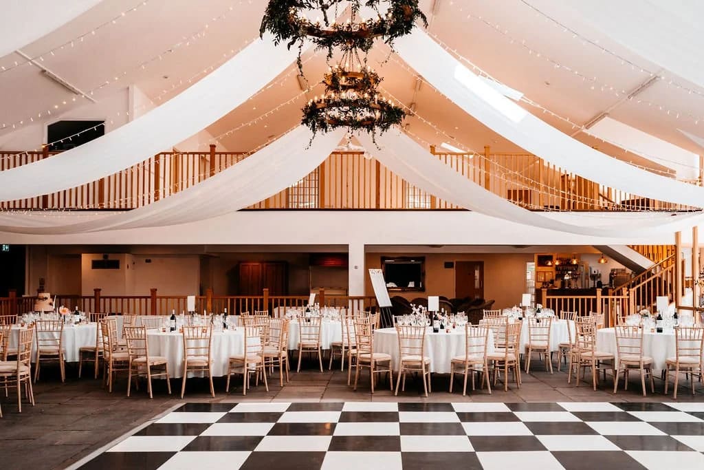 Worton Hall wedding venue, elegant draped ceiling, dance floor - Banner