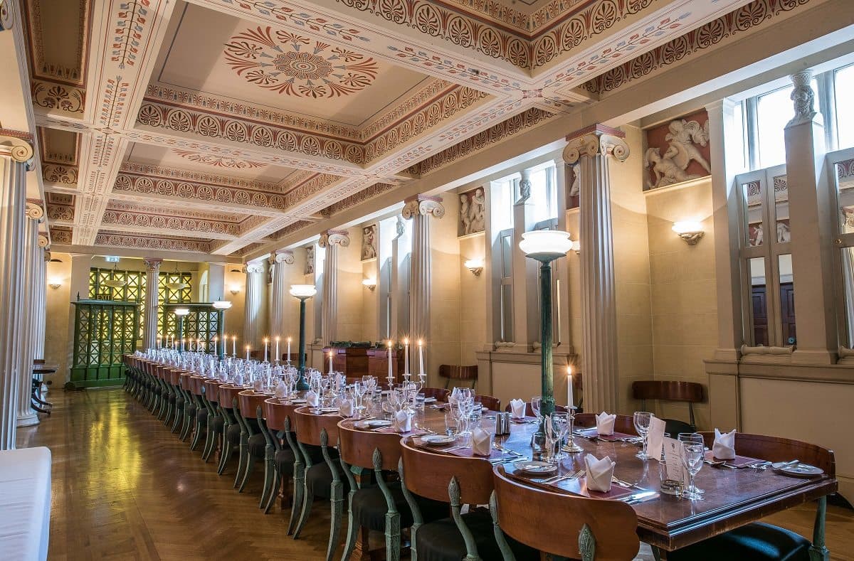 Old Courts private dining in Harvey Court: elegant neoclassical gala and formal dinner venue.