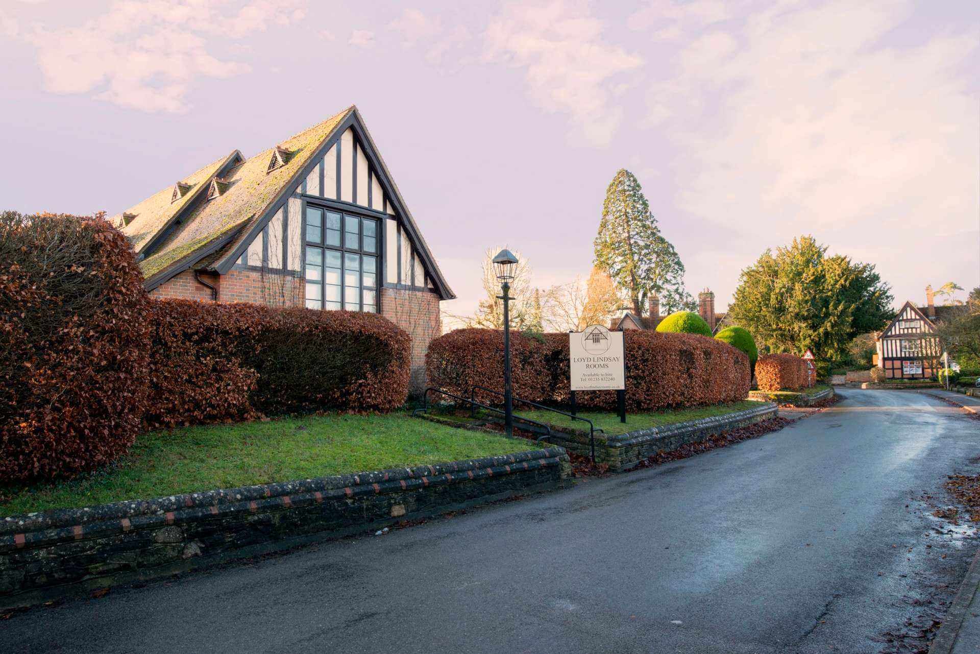 Charming venue entrance with traditional architecture for events in Loyd Lindsay Rooms.