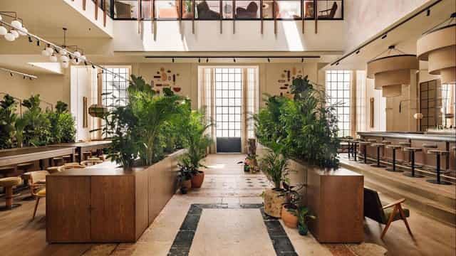 Biophilic event space with natural dividers for networking receptions and corporate breakout sessions.