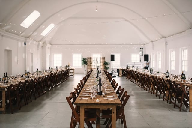 Old Parish Hall banquet wedding venue with string lights