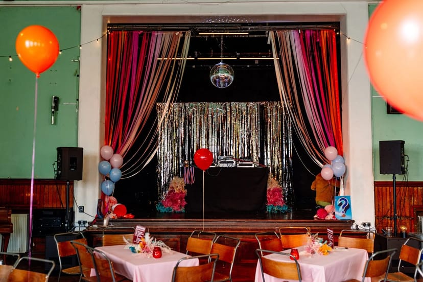 Event venue, party stage, balloons, Longfield Hall