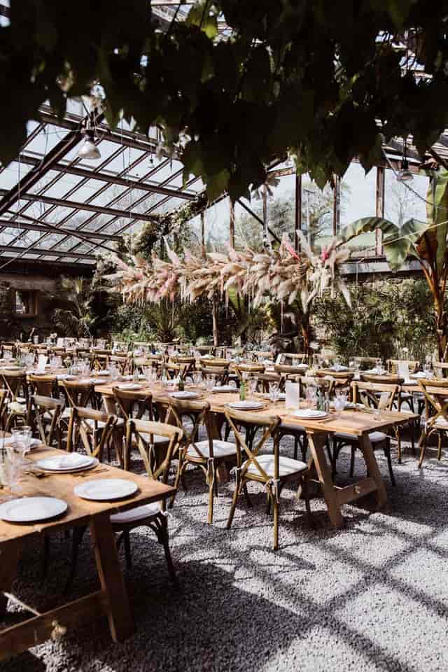 Greenhouse wedding venue, Pampas grass, rustic chic banquet