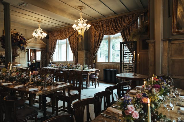 Elegant dinner reception, floral decor, EP Banqueting Hall event