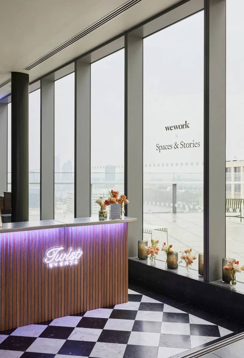 Modern bar hire for events. Floral welcome desk.