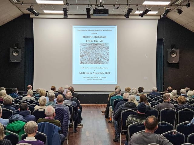 Melksham Assembly Hall history talk, projector screen, community event