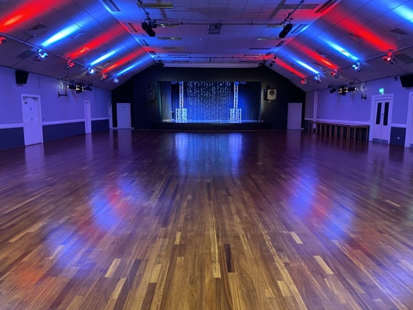 Melksham Assembly Hall event space with stage, lighting