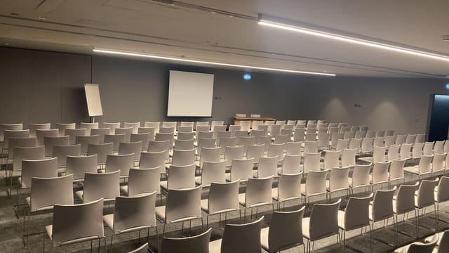 Theater-style ballroom at Hilton Porto Gaia featuring modern lighting for corporate conferences.
