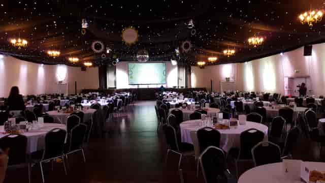 Bath Pavilion gala banquet setup with starlight ceiling for corporate events and conferences.
