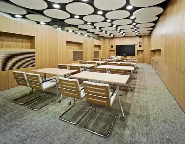 Modern auditorium meeting space at Castellana 81 with ergonomic seating for executive workshops.