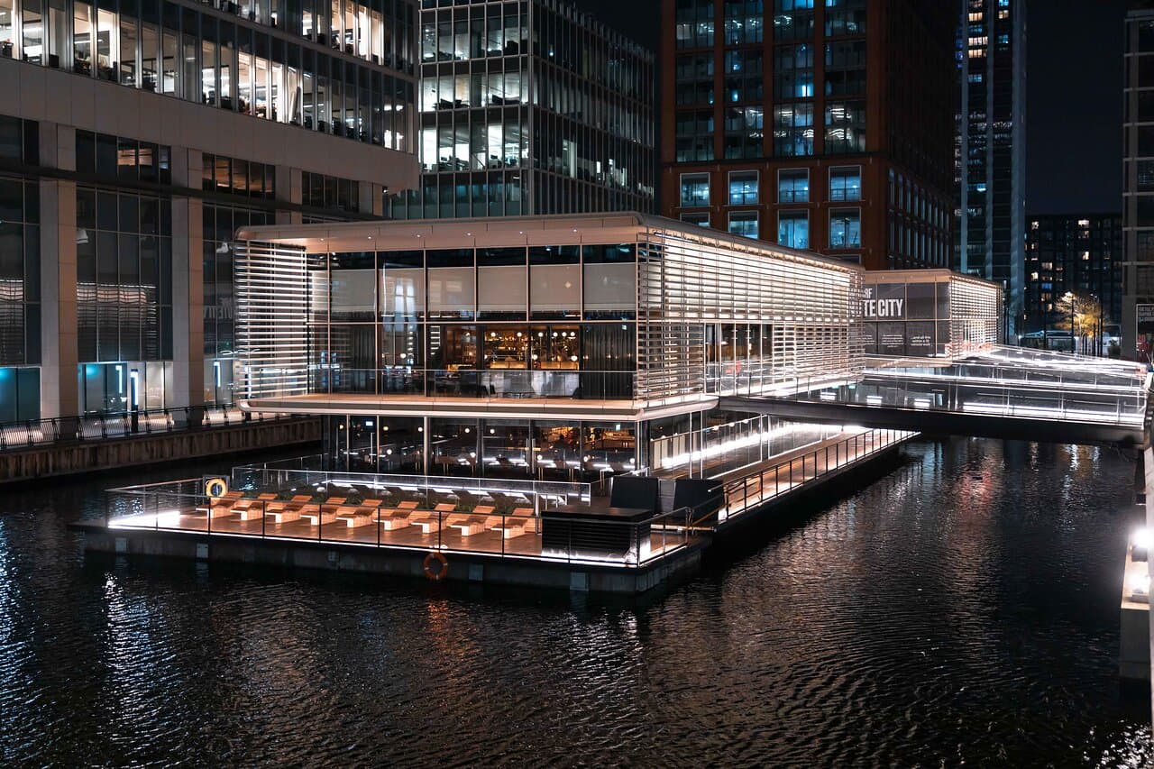Waterview Hawksmoor Wood Wharf: High-end waterfront venue for exclusive corporate event hosting.