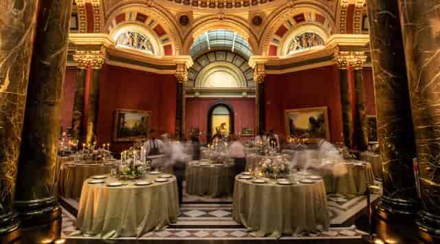 High-end gala in historic Main Gallery venue, featuring catering service, event space rental.