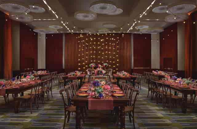 Rustic-chic Viñoly Grand Ballroom with fairy lights for an intimate wedding or gala reception.