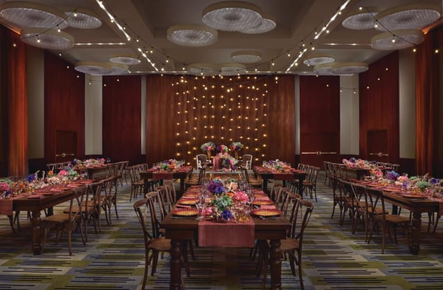 Rustic-chic Viñoly Grand Ballroom with fairy lights for an intimate wedding or gala reception.