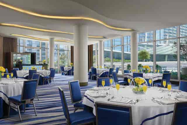 Rafael 1 banquet room at Vdara Las Vegas with modern ceiling for corporate luncheons or events.
