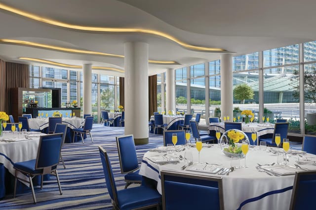 Rafael 1 banquet room at Vdara Las Vegas with modern ceiling for corporate luncheons or events.