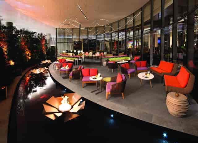 Rafael 1 lounge at Vdara Las Vegas, featuring fire-water decor for corporate event networking.