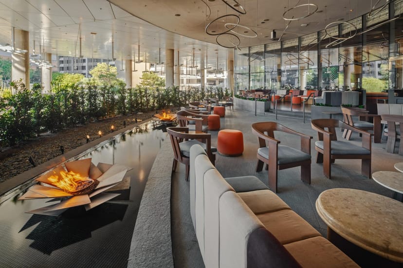 VICE VERSA lounge at Vdara Las Vegas with fire pits for networking and corporate events.