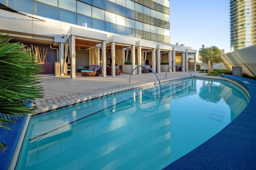Vdara Hotel luxury pool deck with cabanas for upscale corporate events and cocktail receptions.