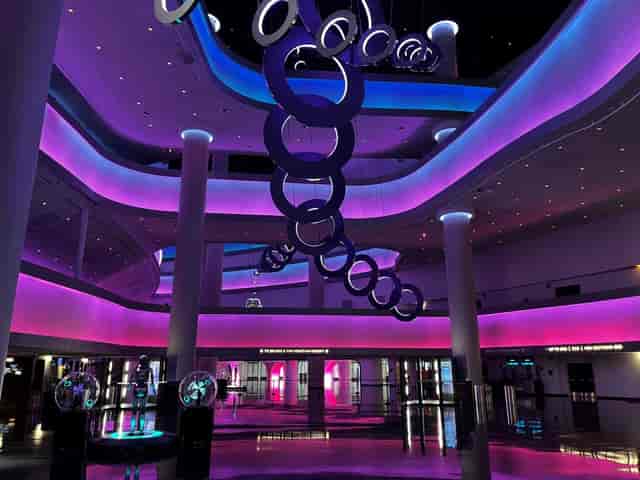 Main Hall venue with dynamic LED lighting for futuristic brand activations and evening receptions.