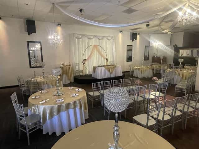 Main Banquet Hall with gold linens for weddings and corporate events.