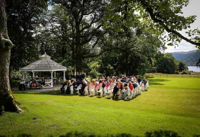 Woodland gazebo wedding ceremony set-up at Armathwaite Hall for outdoor venue inspiration.