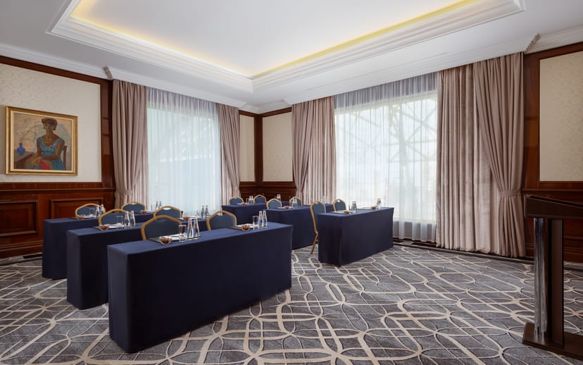 Moscow Meeting Room classroom setup at The Ritz-Carlton Astana for corporate seminars or training.