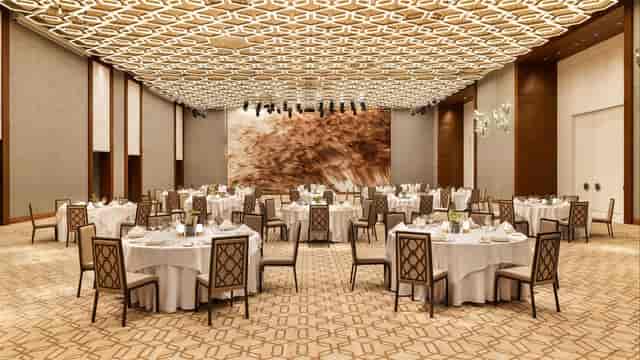 JW Marriott Nairobi Talek 1 pillarless ballroom with geometric ceiling for luxury gala and banquet.